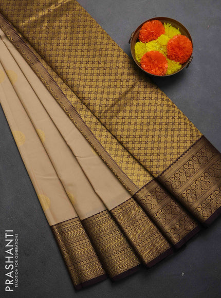 Semi kanchipuram silk saree beige and coffee brown with zari woven buttas and zari woven border