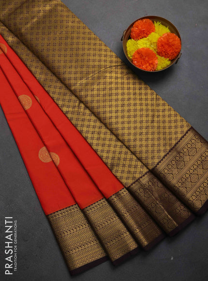 Semi kanchipuram silk saree orange and coffee brown with zari woven buttas and zari woven border