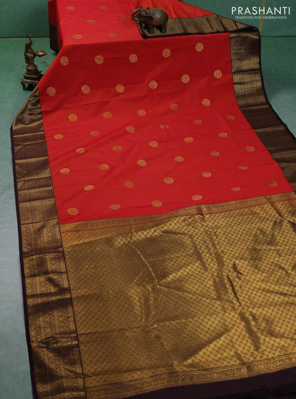 Semi kanchipuram silk saree orange and coffee brown with zari woven buttas and zari woven border