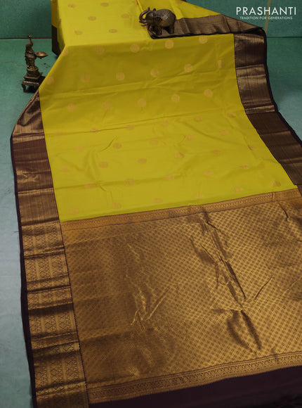 Semi kanchipuram silk saree lime green and coffee brown with zari woven buttas and zari woven border