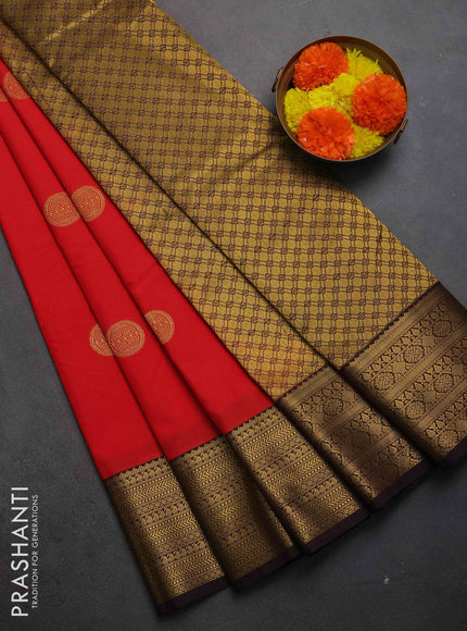 Semi kanchipuram silk saree red and coffee brown with zari woven buttas and zari woven border
