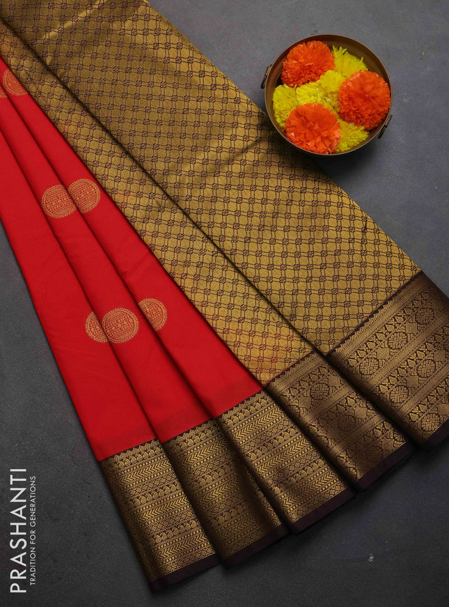 Semi kanchipuram silk saree red and coffee brown with zari woven buttas and zari woven border
