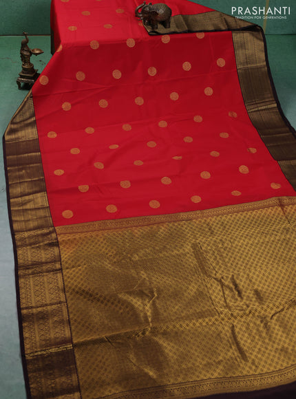 Semi kanchipuram silk saree red and coffee brown with zari woven buttas and zari woven border