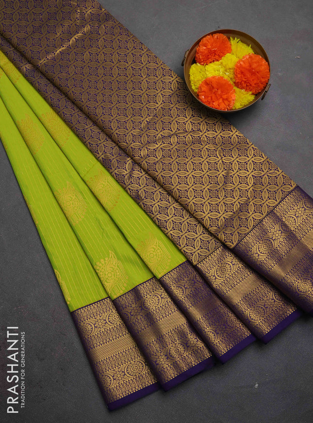 Semi kanchipuram silk saree lime green and navy blue with allover zari weaves & buttas and zari woven border
