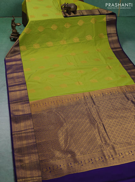 Semi kanchipuram silk saree lime green and navy blue with allover zari weaves & buttas and zari woven border