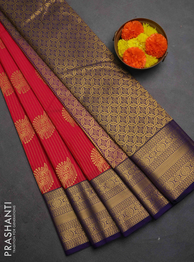 Semi kanchipuram silk saree pink and navy blue with allover zari weaves & buttas and zari woven border