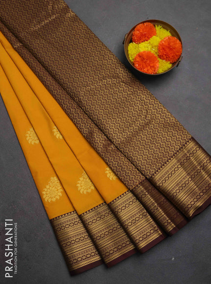 Semi kanchipuram silk saree mustard yellow and coffee brown with zari woven buttas and zari woven border