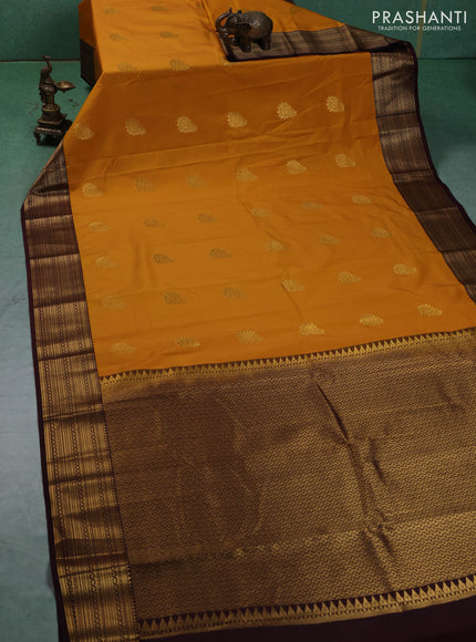 Semi kanchipuram silk saree mustard yellow and coffee brown with zari woven buttas and zari woven border