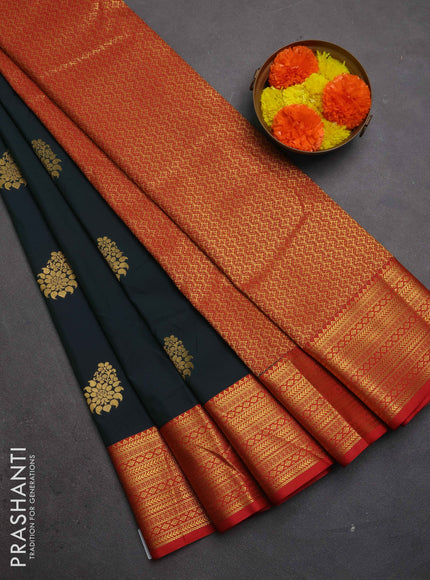 Semi kanchipuram silk saree bottle green and red with zari woven buttas and zari woven border