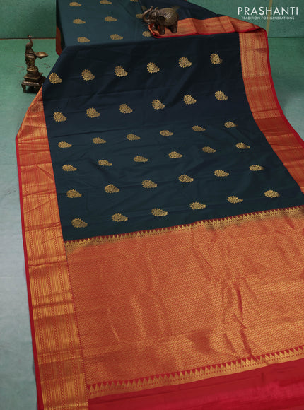 Semi kanchipuram silk saree bottle green and red with zari woven buttas and zari woven border