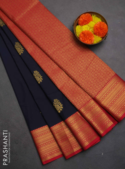 Semi kanchipuram silk saree navy blue and red with zari woven buttas and zari woven border