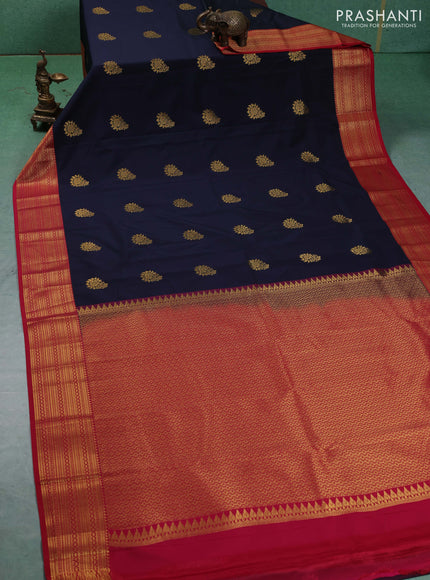 Semi kanchipuram silk saree navy blue and red with zari woven buttas and zari woven border