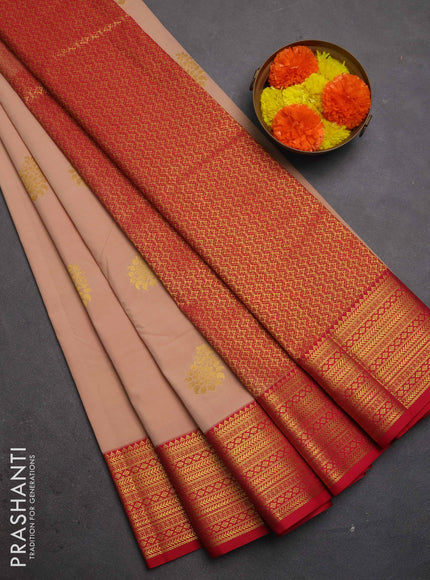 Semi kanchipuram silk saree pastel pink and red with zari woven buttas and zari woven border