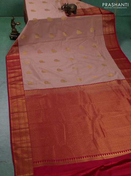 Semi kanchipuram silk saree pastel pink and red with zari woven buttas and zari woven border
