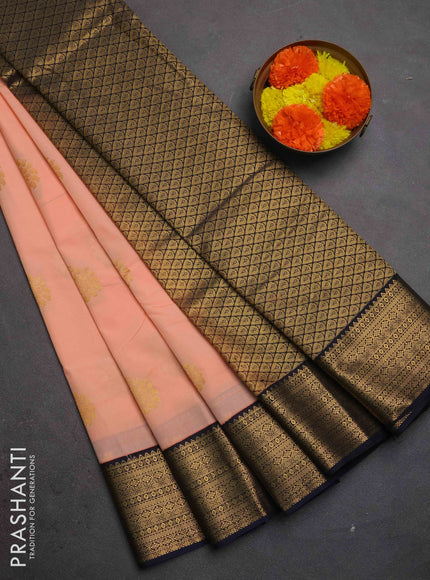 Semi kanchipuram silk saree peach shade and navy blue with zari woven buttas and zari woven border