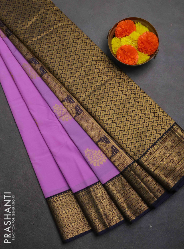 Semi kanchipuram silk saree lavender and navy blue with zari woven buttas and zari woven korvai border