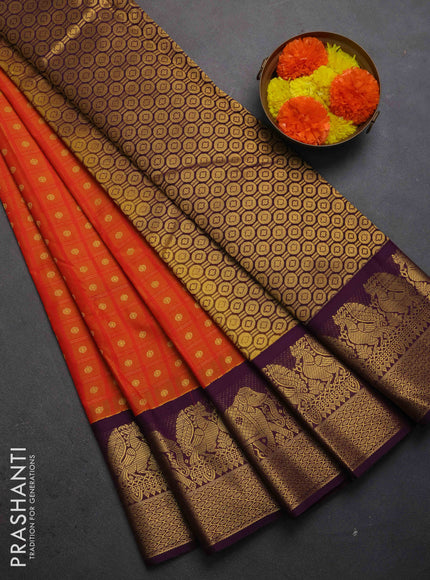 Semi kanchipuram silk saree red and deep purple with allover checks & zari woven buttas and zari woven korvai border