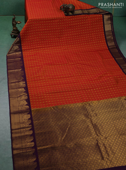 Semi kanchipuram silk saree red and deep purple with allover checks & zari woven buttas and zari woven korvai border