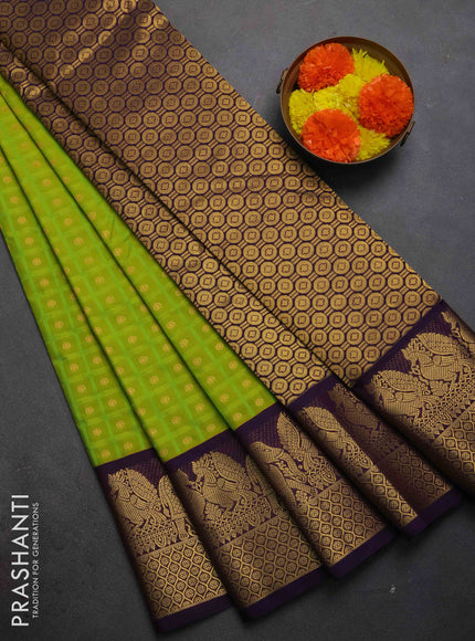 Semi kanchipuram silk saree lime green and deep purple with allover checks & zari woven buttas and zari woven korvai border