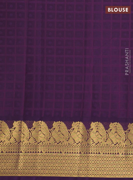Semi kanchipuram silk saree lime green and deep purple with allover checks & zari woven buttas and zari woven korvai border