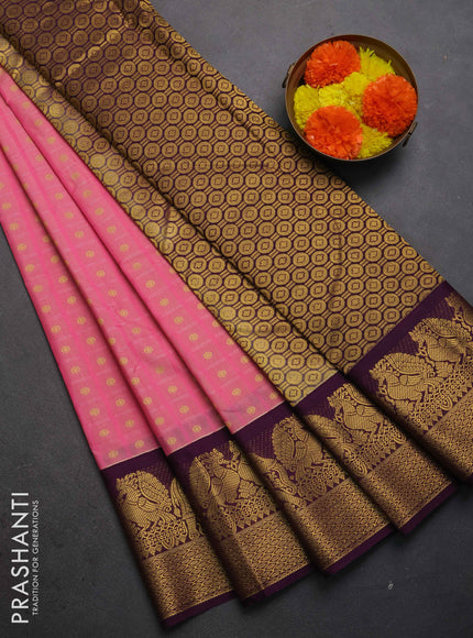 Semi kanchipuram silk saree candy pink and deep purple with allover checks & zari woven buttas and zari woven korvai border
