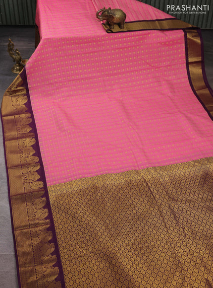 Semi kanchipuram silk saree candy pink and deep purple with allover checks & zari woven buttas and zari woven korvai border