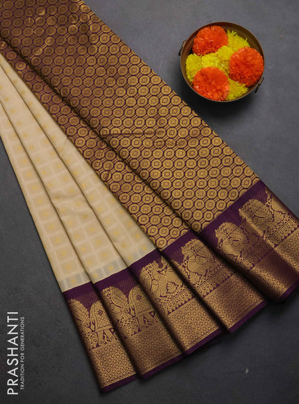 Semi kanchipuram silk saree cream and deep purple with allover checks & zari woven buttas and zari woven korvai border