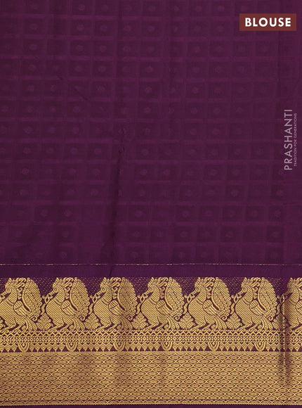 Semi kanchipuram silk saree cream and deep purple with allover checks & zari woven buttas and zari woven korvai border