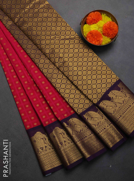 Semi kanchipuram silk saree pink and deep purple with allover checks & zari woven buttas and zari woven korvai border