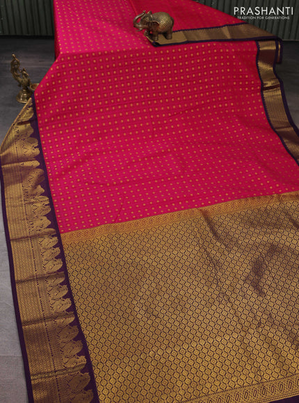 Semi kanchipuram silk saree pink and deep purple with allover checks & zari woven buttas and zari woven korvai border
