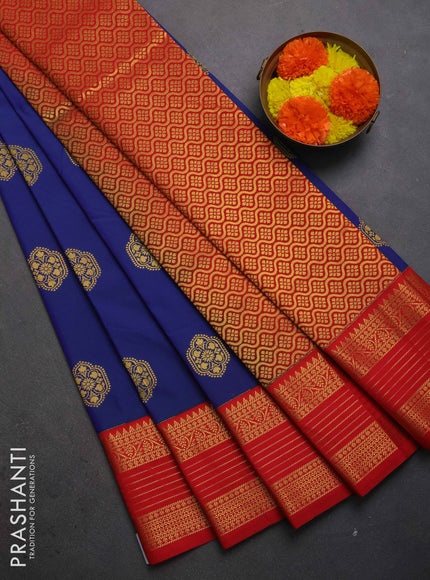 Semi kanchipuram silk saree blue and red with zari woven buttas and zari woven korvai border