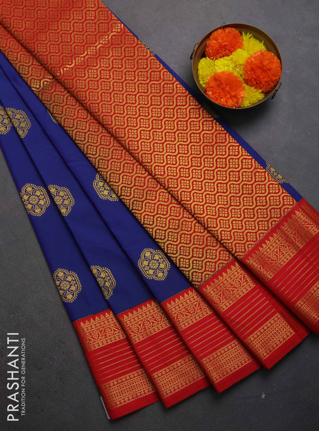 Semi kanchipuram silk saree blue and red with zari woven buttas and zari woven korvai border