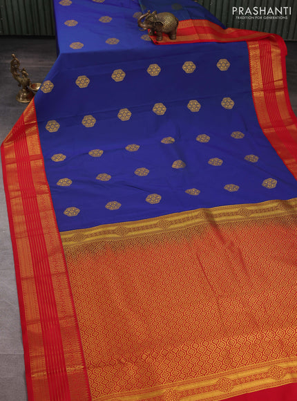 Semi kanchipuram silk saree blue and red with zari woven buttas and zari woven korvai border