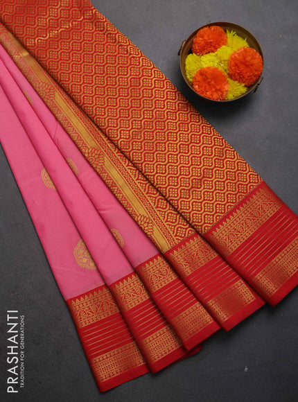 Semi kanchipuram silk saree candy pink and red with zari woven buttas and zari woven korvai border