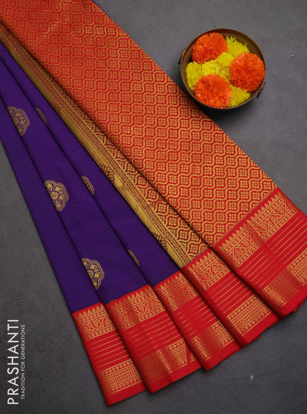 Semi kanchipuram silk saree violet and red with zari woven buttas and zari woven korvai border