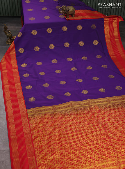 Semi kanchipuram silk saree violet and red with zari woven buttas and zari woven korvai border