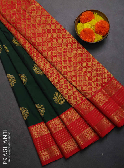 Semi kanchipuram silk saree bottle green and red with zari woven buttas and zari woven korvai border