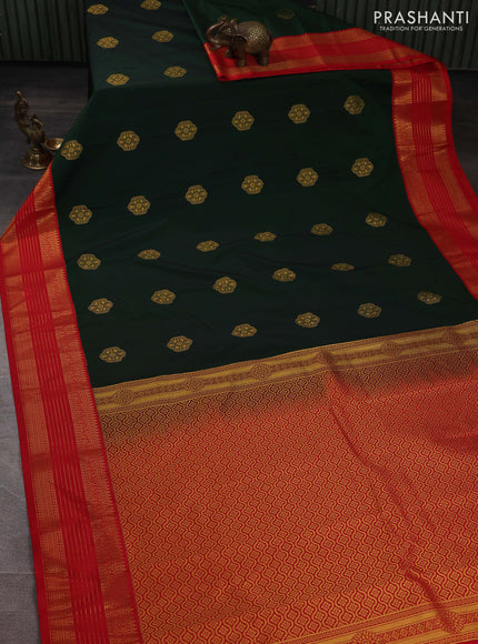 Semi kanchipuram silk saree bottle green and red with zari woven buttas and zari woven korvai border