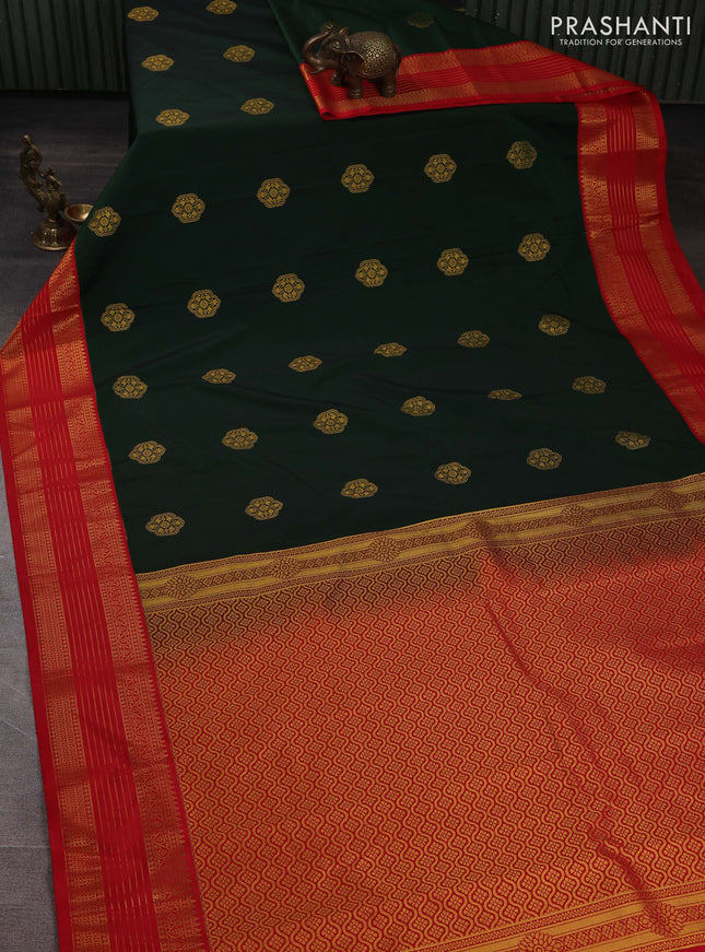 Semi kanchipuram silk saree bottle green and red with zari woven buttas and zari woven korvai border