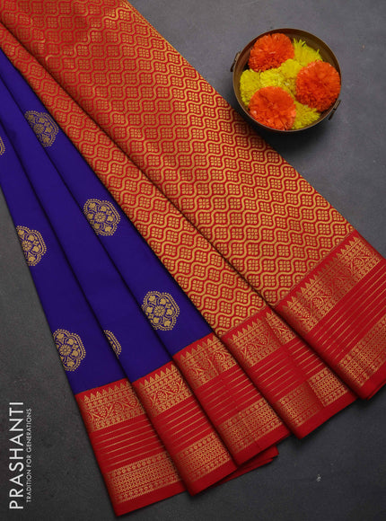 Semi kanchipuram silk saree blue and red with zari woven buttas and zari woven korvai border