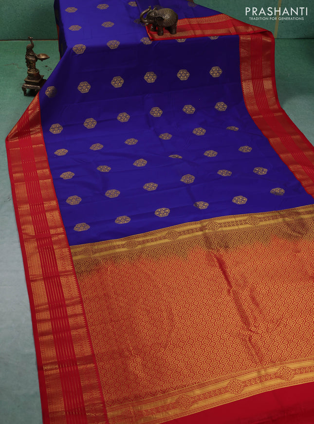 Semi kanchipuram silk saree blue and red with zari woven buttas and zari woven korvai border