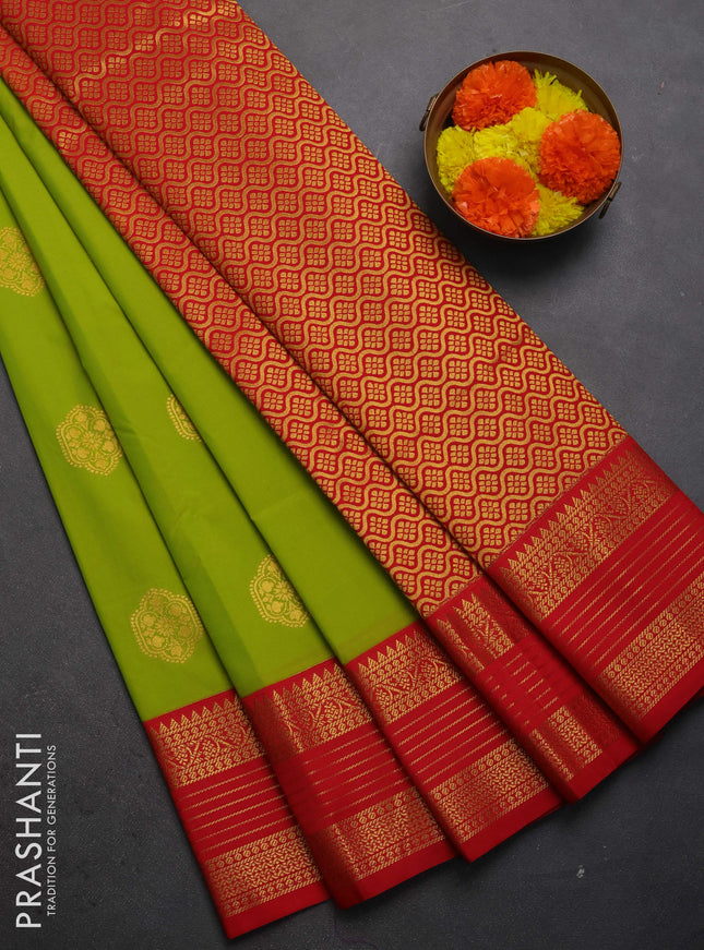 Semi kanchipuram silk saree lime green and red with zari woven buttas and zari woven korvai border