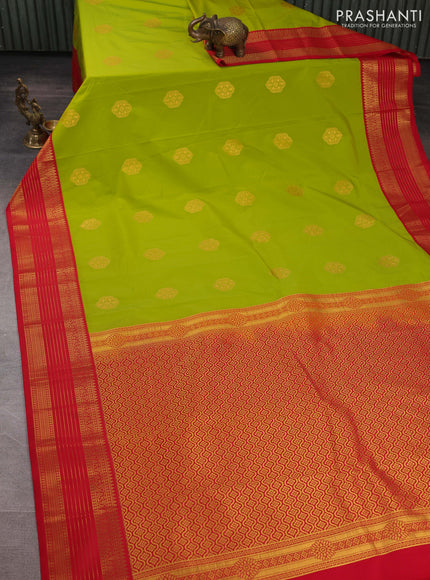 Semi kanchipuram silk saree lime green and red with zari woven buttas and zari woven korvai border
