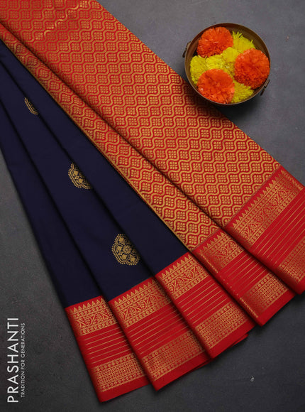 Semi kanchipuram silk saree navy blue and red with zari woven buttas and zari woven korvai border