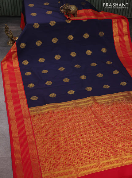 Semi kanchipuram silk saree navy blue and red with zari woven buttas and zari woven korvai border