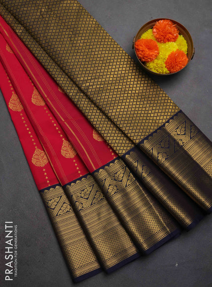 Semi kanchipuram silk saree tomato pink and navy blue with allover zari weaves & buttas and long zari woven korvai border