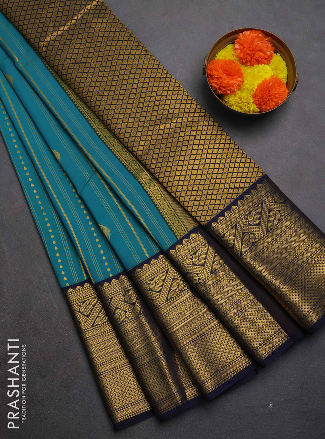 Semi kanchipuram silk saree dual shade of blue and navy blue with allover zari weaves & buttas and long zari woven korvai border