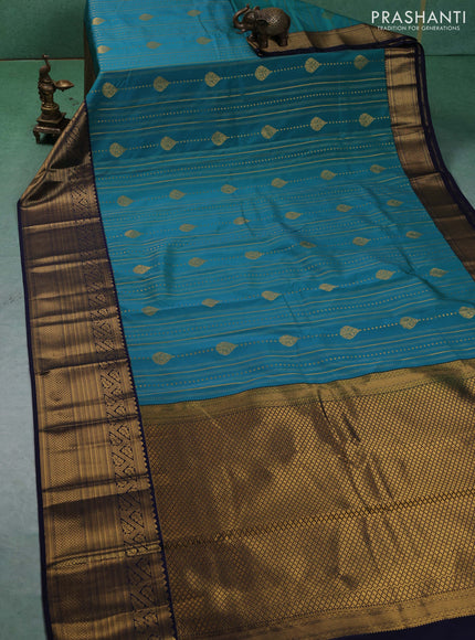 Semi kanchipuram silk saree dual shade of blue and navy blue with allover zari weaves & buttas and long zari woven korvai border
