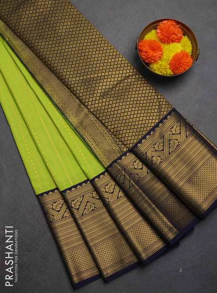 Semi kanchipuram silk saree lime green and navy blue with allover zari weaves & buttas and long zari woven korvai border