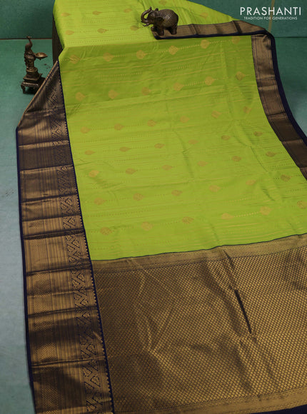 Semi kanchipuram silk saree lime green and navy blue with allover zari weaves & buttas and long zari woven korvai border
